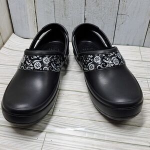 Crocs Mercy Women W10 Black Silver Floral Hinged Slingback Clog Mule Shoes